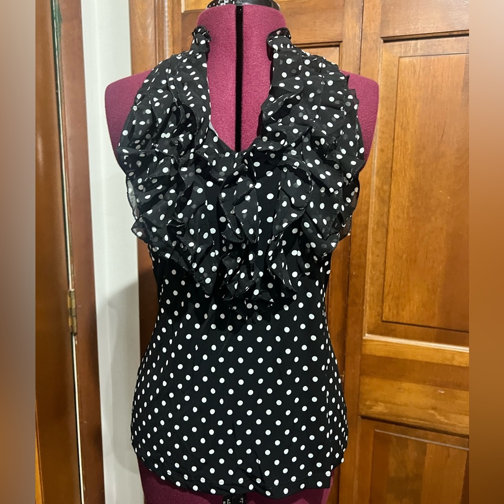 White House Black Market ruffle black polka dot blouse size medium